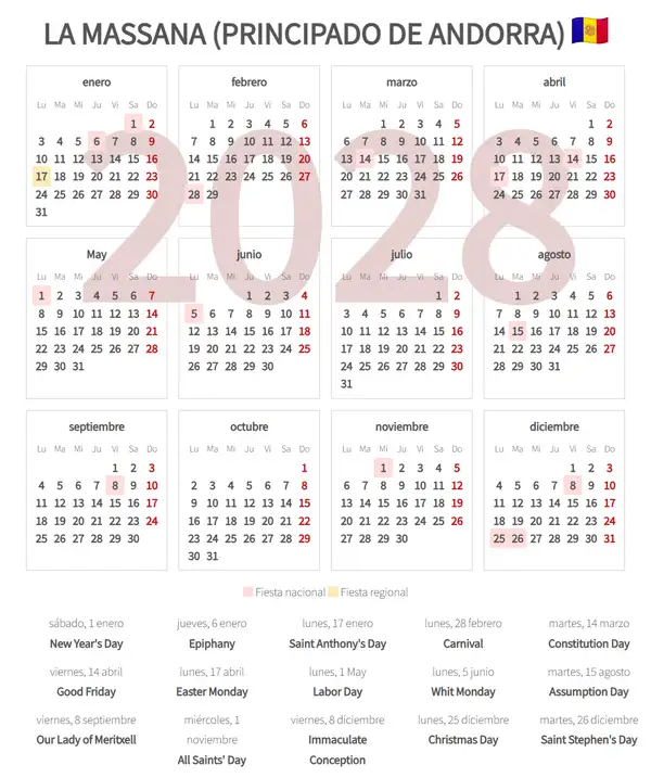 Calendario Laboral 2028, La massana (Principado de andorra)