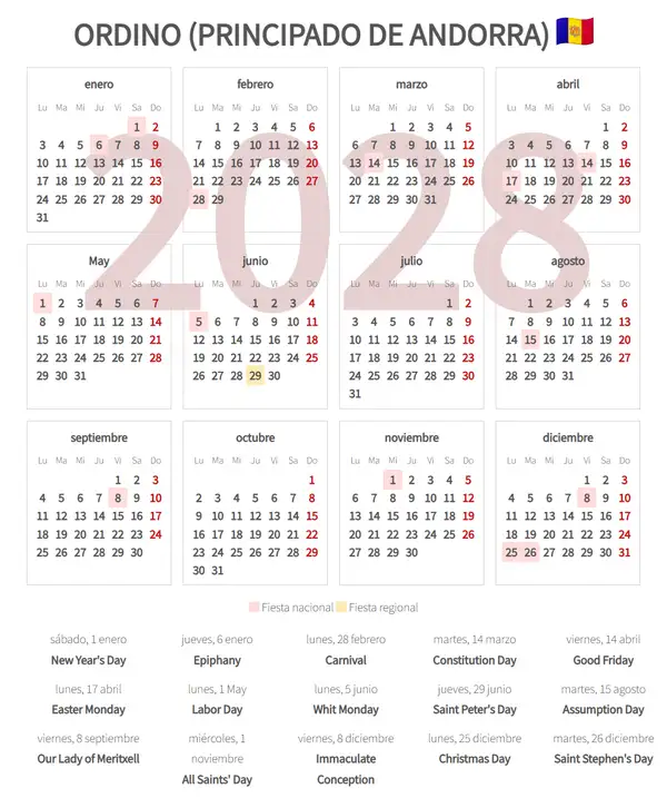 Calendario Laboral 2028, Ordino (Principado de andorra)