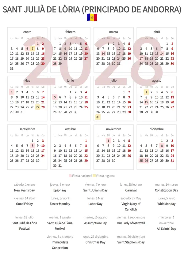 Calendario Laboral 2028, Sant julià de lòria (Principado de andorra)