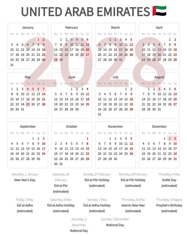 Work Calendar 2028, United arab emirates - Public Holidays