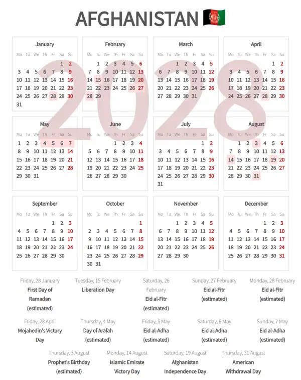 Work Calendar 2028, Afghanistan - Public Holidays