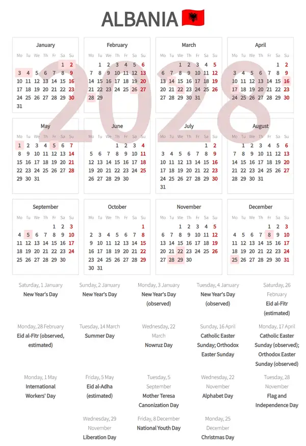 Work Calendar 2028, Albania - Public Holidays