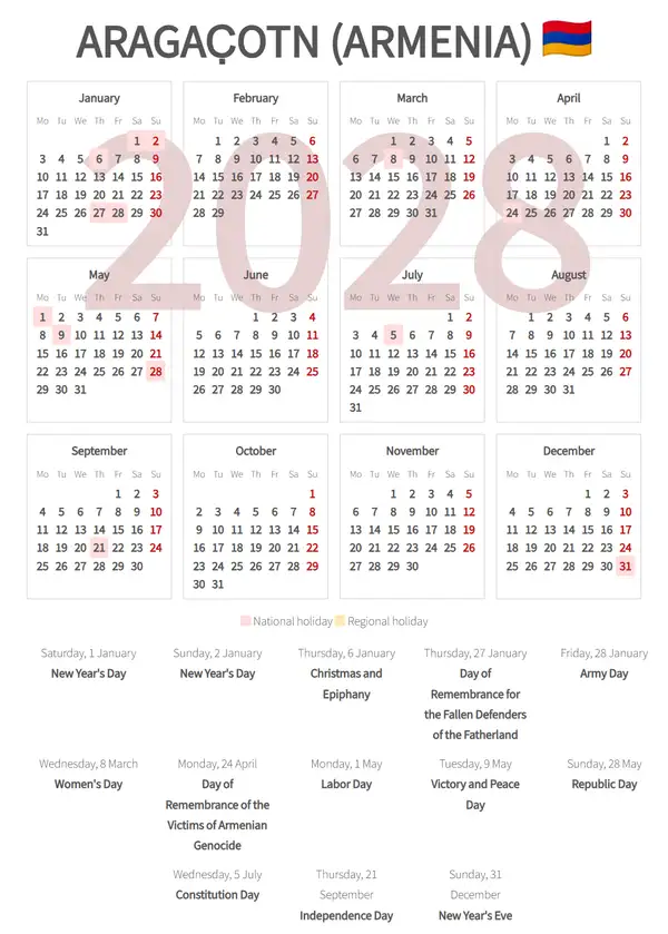 Work Calendar 2028, Aragac̣otn (Armenia)