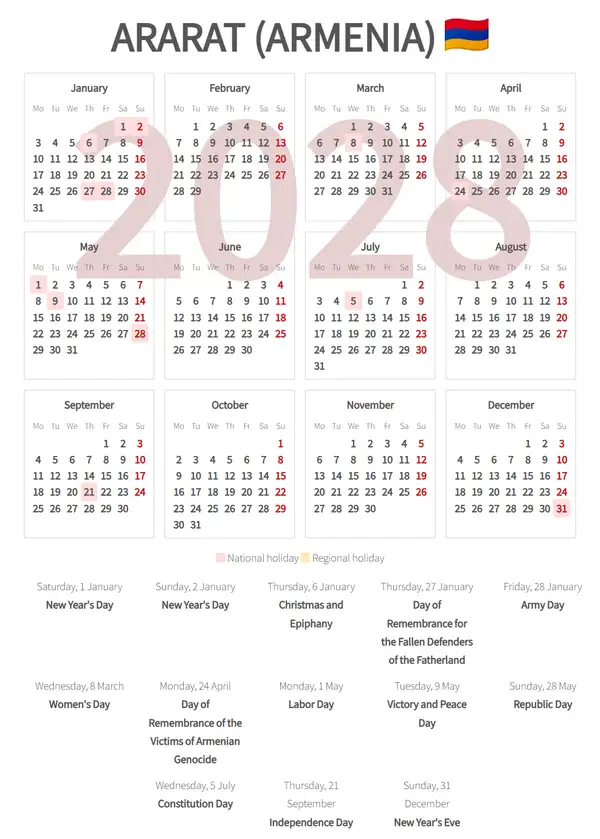 Work Calendar 2028, Ararat (Armenia)
