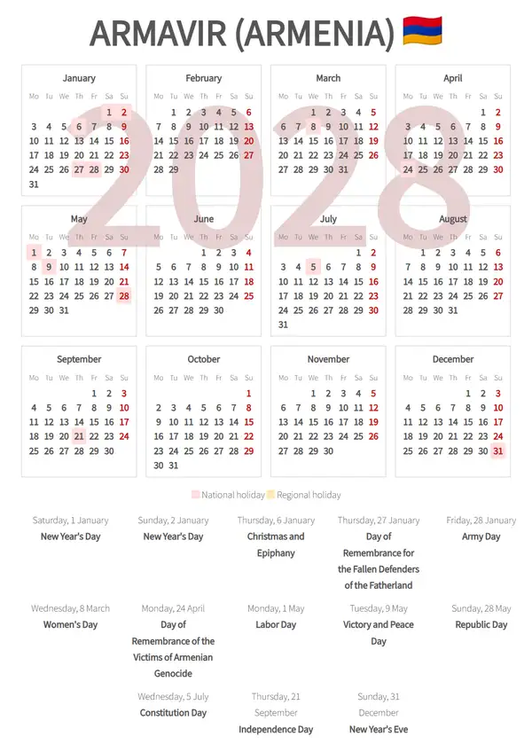 Work Calendar 2028, Armavir (Armenia)