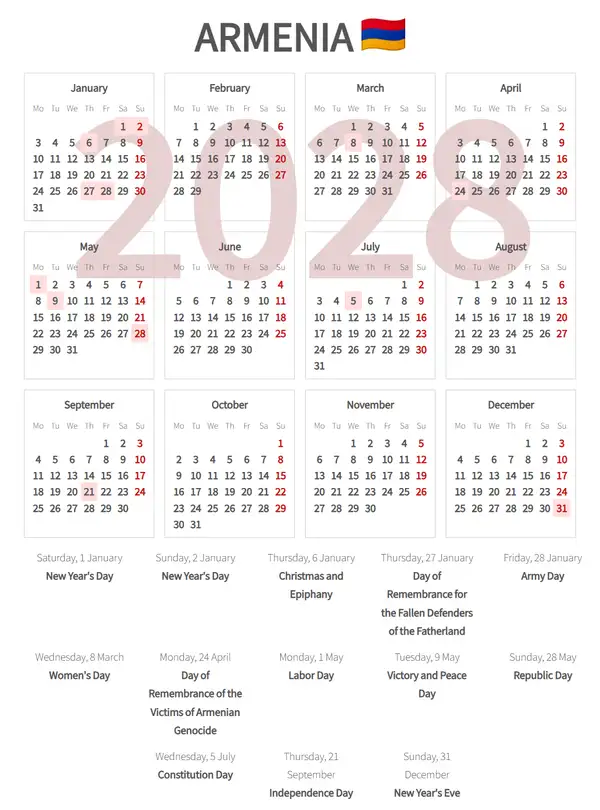 Work Calendar 2028, Armenia - Public Holidays