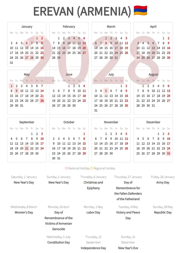 Work Calendar 2028, Erevan (Armenia)