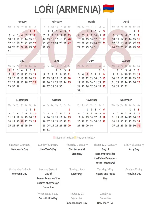 Work Calendar 2028, Loṙi (Armenia)