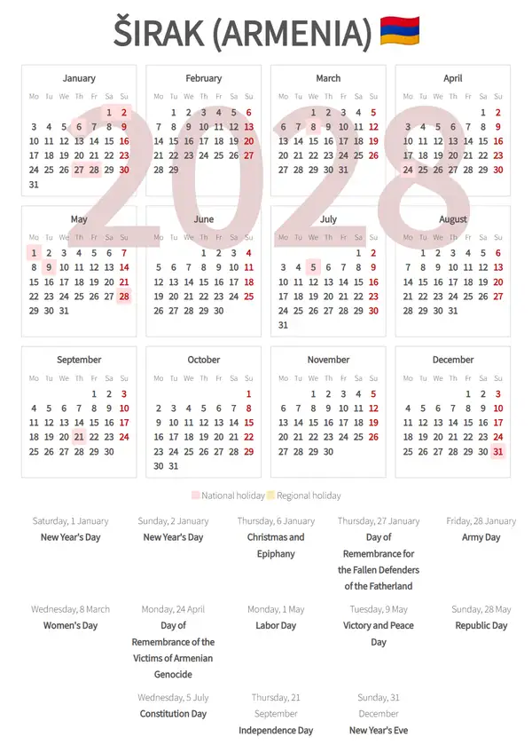 Work Calendar 2028, Širak (Armenia)