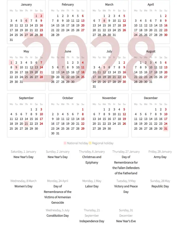 Work Calendar 2028, Syunik' (Armenia)
