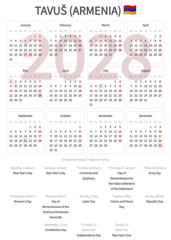 Work Calendar 2028, Tavuš (Armenia)