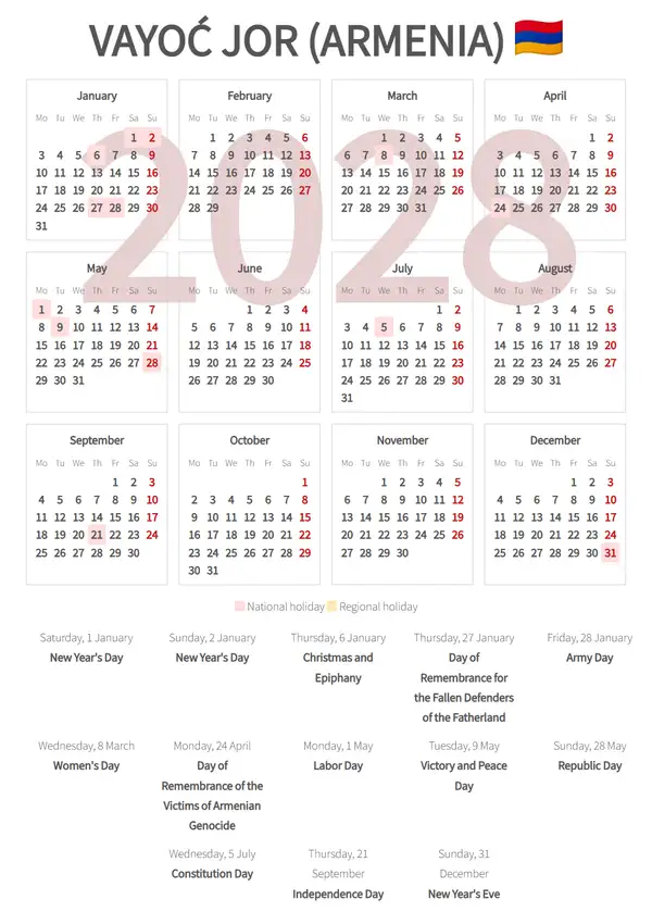Work Calendar 2028, Vayoć jor (Armenia)