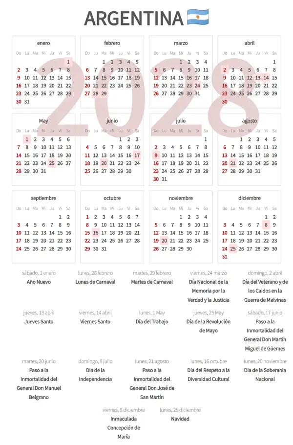 Calendario Laboral 2028 de Argentina
