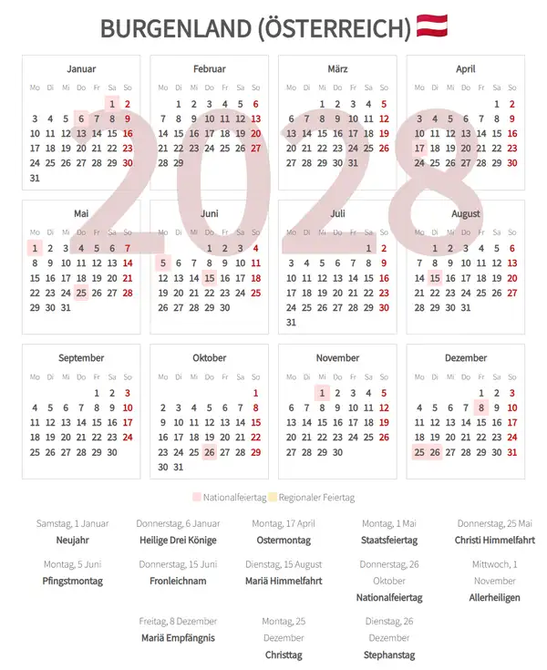 Arbeitskalender 2028, Burgenland (Österreich)