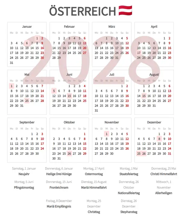 Arbeitskalender 2028 für Österreich - Feiertage