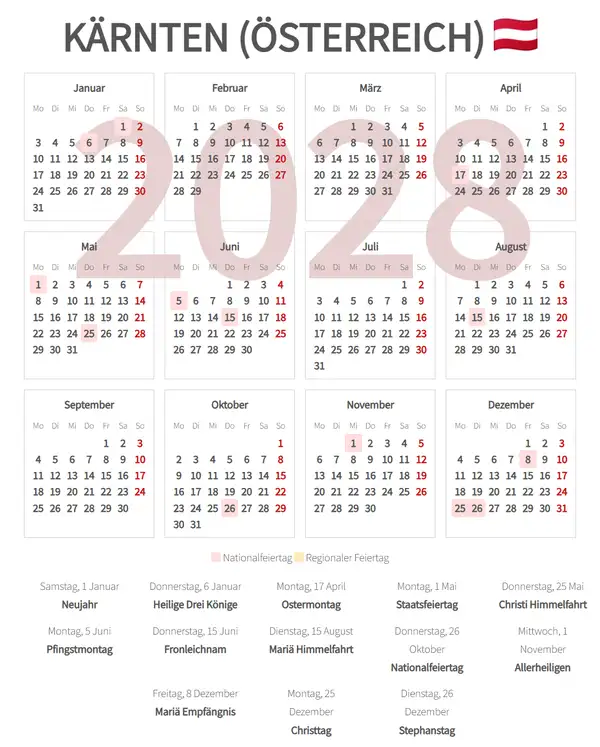 Arbeitskalender 2028, Kärnten (Österreich)