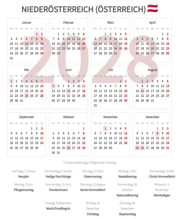 Arbeitskalender 2028, Niederösterreich (Österreich)