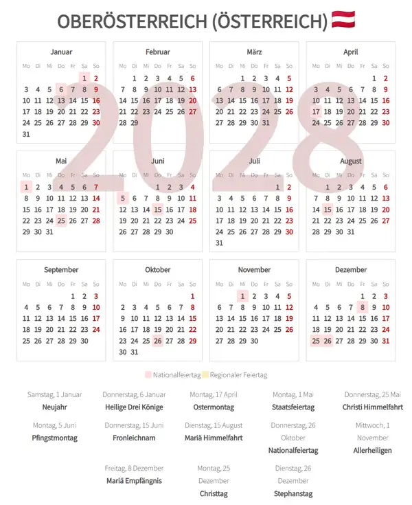 Arbeitskalender 2028, Oberösterreich (Österreich)
