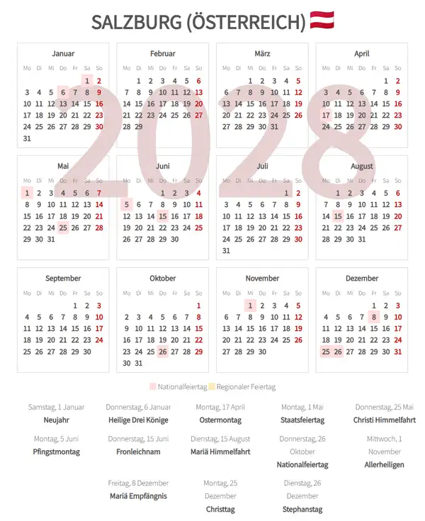 Arbeitskalender 2028, Salzburg (Österreich)