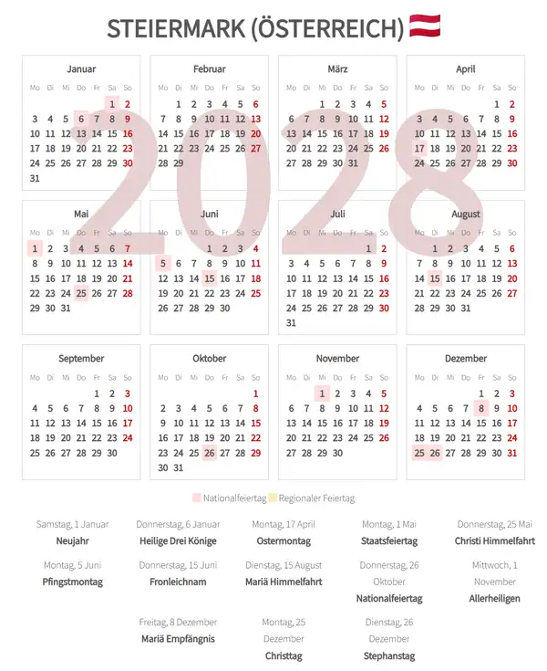 Arbeitskalender 2028, Steiermark (Österreich)