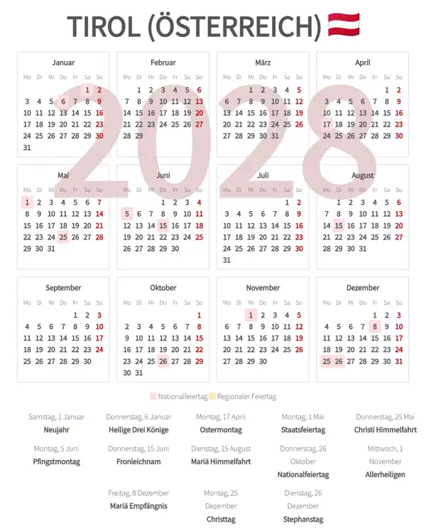Arbeitskalender 2028, Tirol (Österreich)