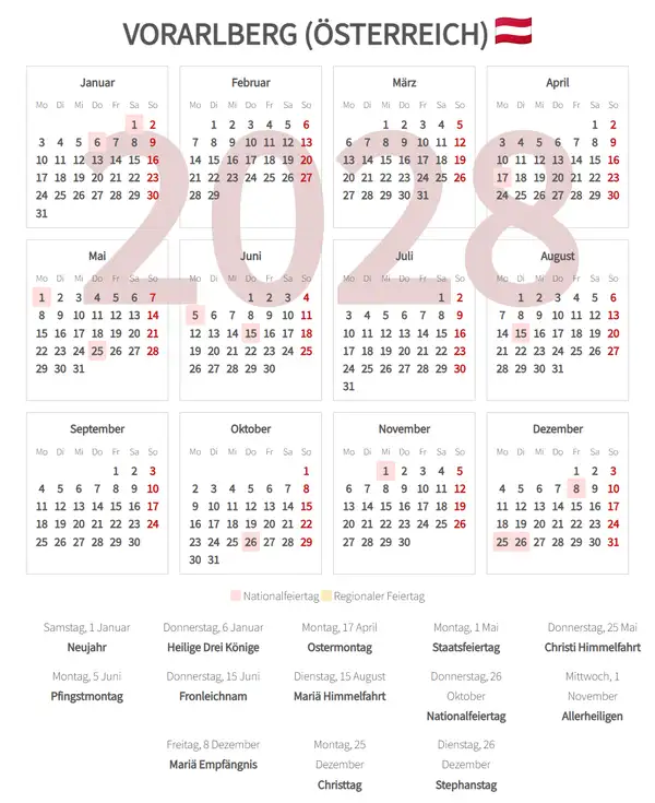 Arbeitskalender 2028, Vorarlberg (Österreich)