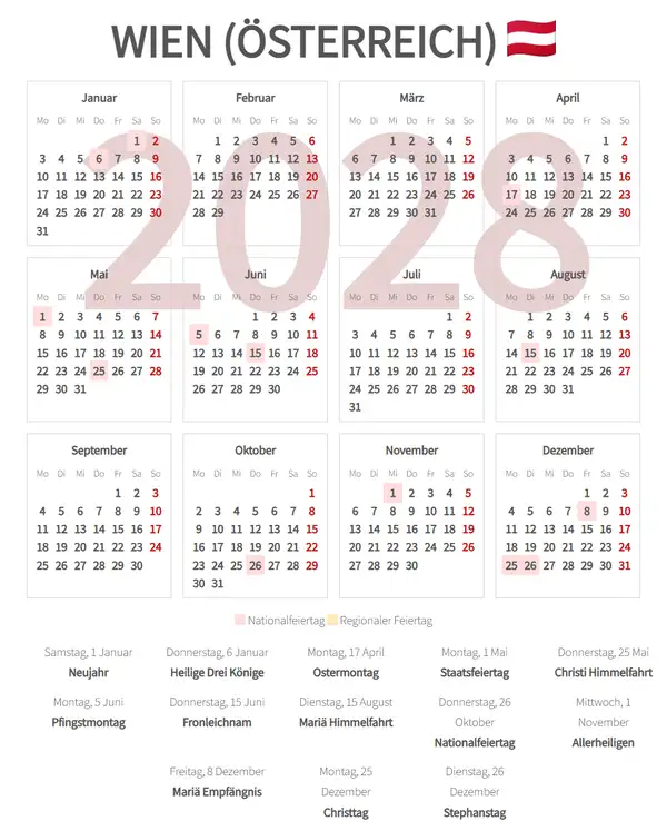 Arbeitskalender 2028, Wien (Österreich)