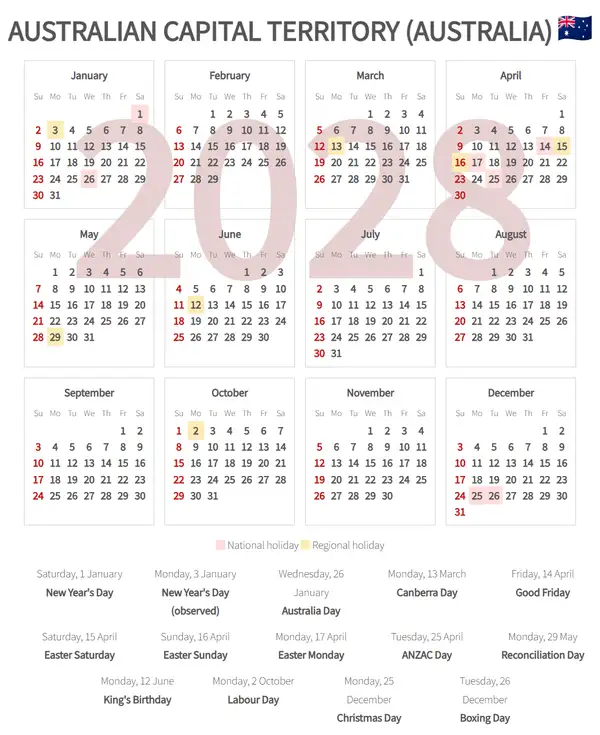 Work Calendar 2028, Australian capital territory (Australia)
