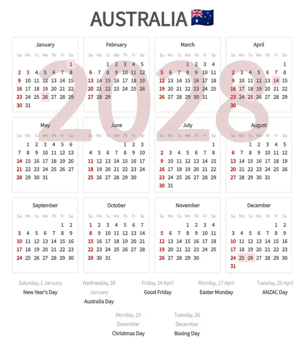 Work Calendar 2028, Australia - Public Holidays