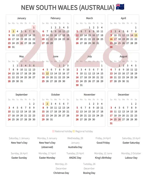 Work Calendar 2028, New south wales (Australia)