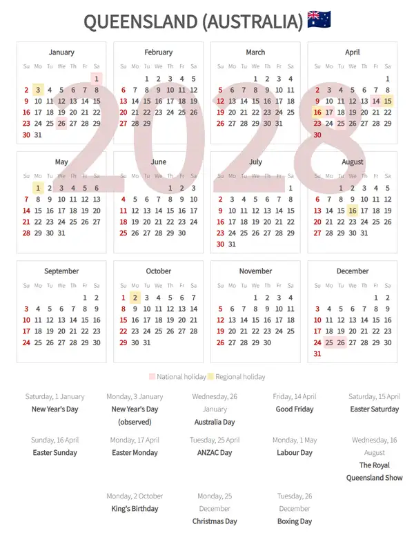 Work Calendar 2028, Queensland (Australia)