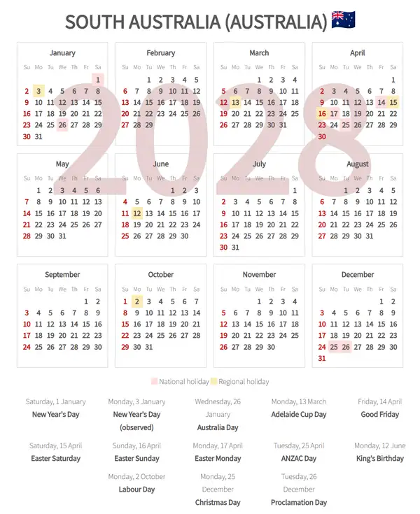 Work Calendar 2028, South australia (Australia)
