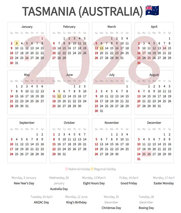 Work Calendar 2028, Tasmania (Australia)