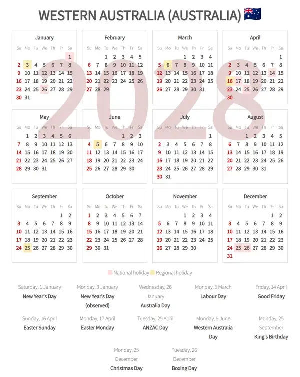 Work Calendar 2028, Western australia (Australia)