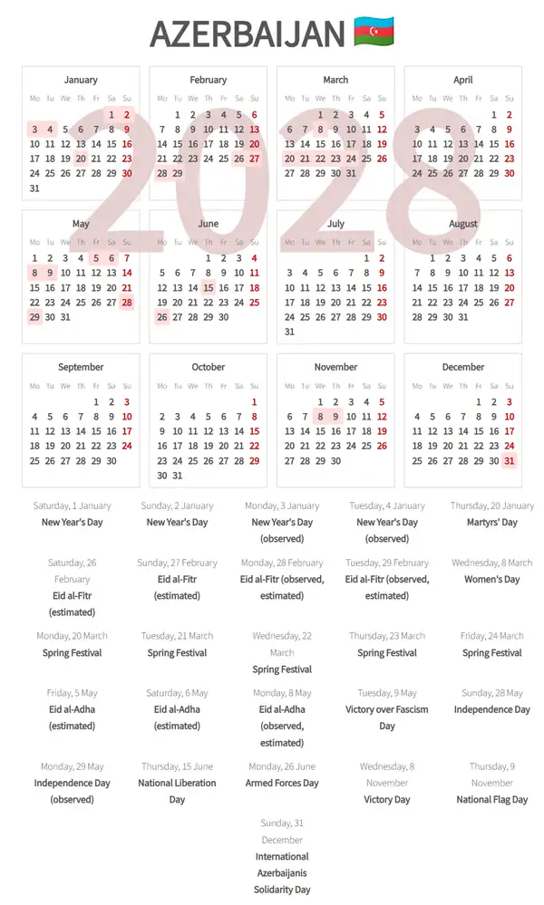 Work Calendar 2028, Azerbaijan - Public Holidays