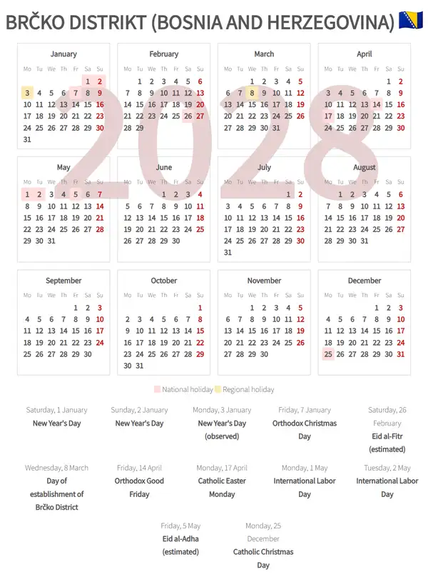 Work Calendar 2028, Brčko distrikt (Bosnia and herzegovina)