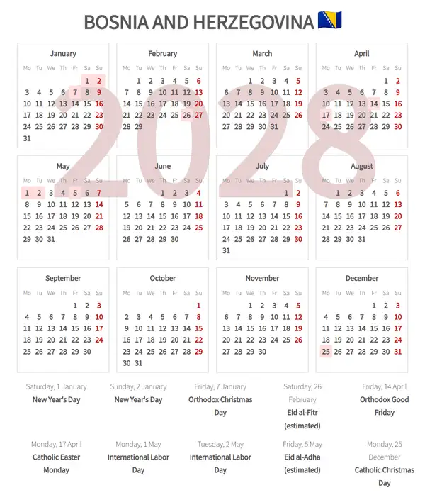 Work Calendar 2028, Bosnia and herzegovina - Public Holidays