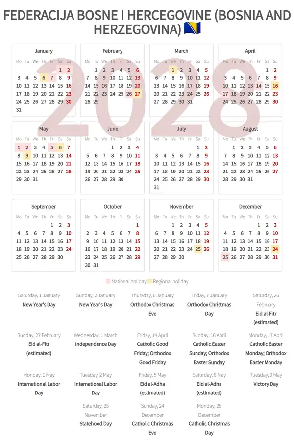Work Calendar 2028, Federacija bosne i hercegovine (Bosnia and herzegovina)