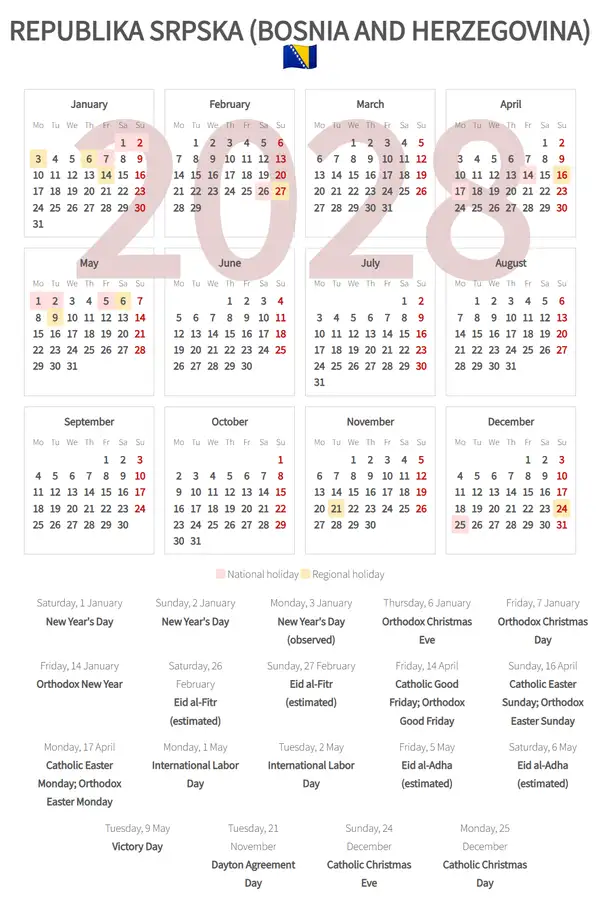 Work Calendar 2028, Republika srpska (Bosnia and herzegovina)