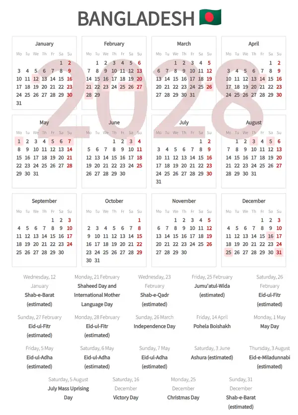 Work Calendar 2028, Bangladesh - Public Holidays