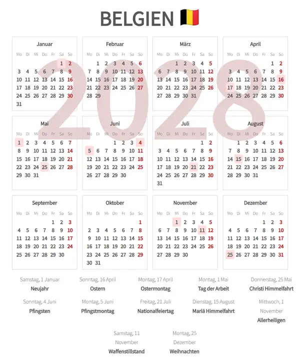 Arbeitskalender 2028 für Belgien - Feiertage
