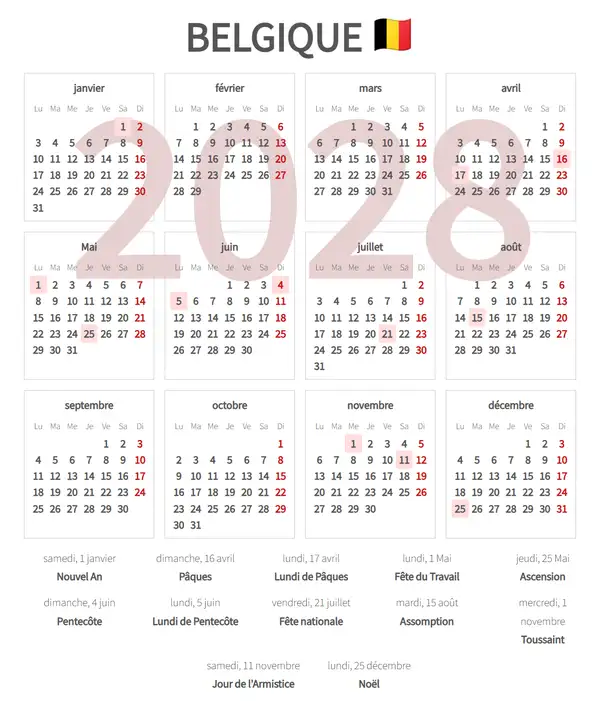 Calendrier de Travail 2028 de Belgique