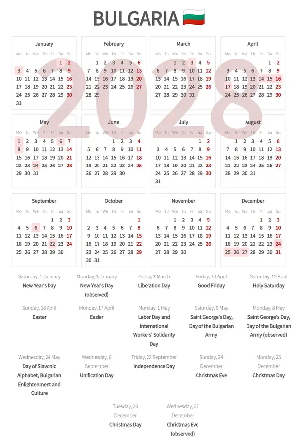 Work Calendar 2028, Bulgaria - Public Holidays