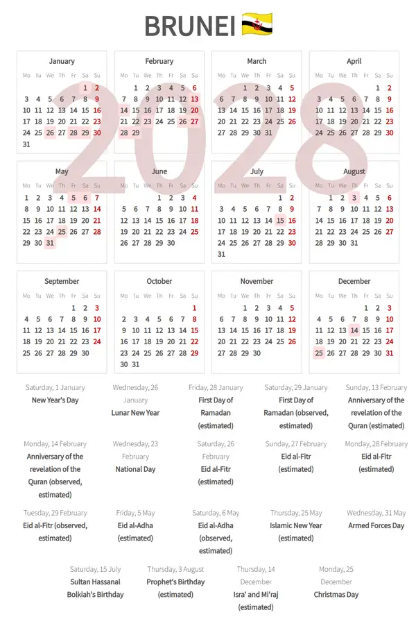 Work Calendar 2028, Brunei - Public Holidays