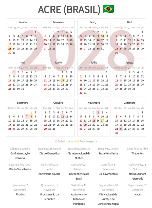 Calendário Laboral 2028, Acre (Brasil)