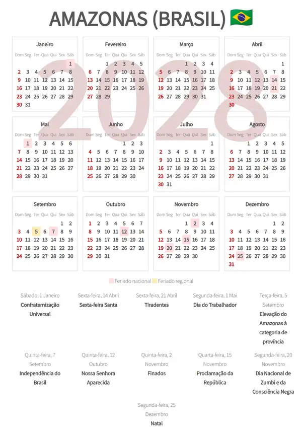 Calendário Laboral 2028, Amazonas (Brasil)