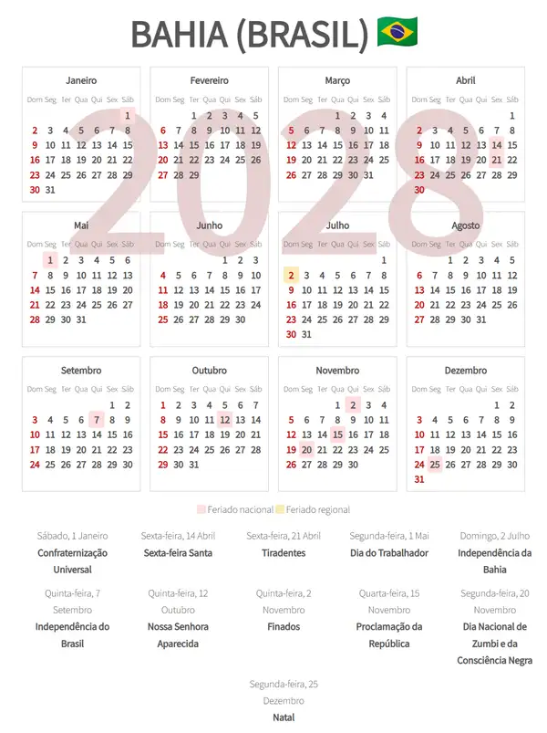 Calendário Laboral 2028, Bahia (Brasil)