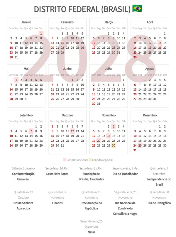 Calendário Laboral 2028, Distrito federal (Brasil)