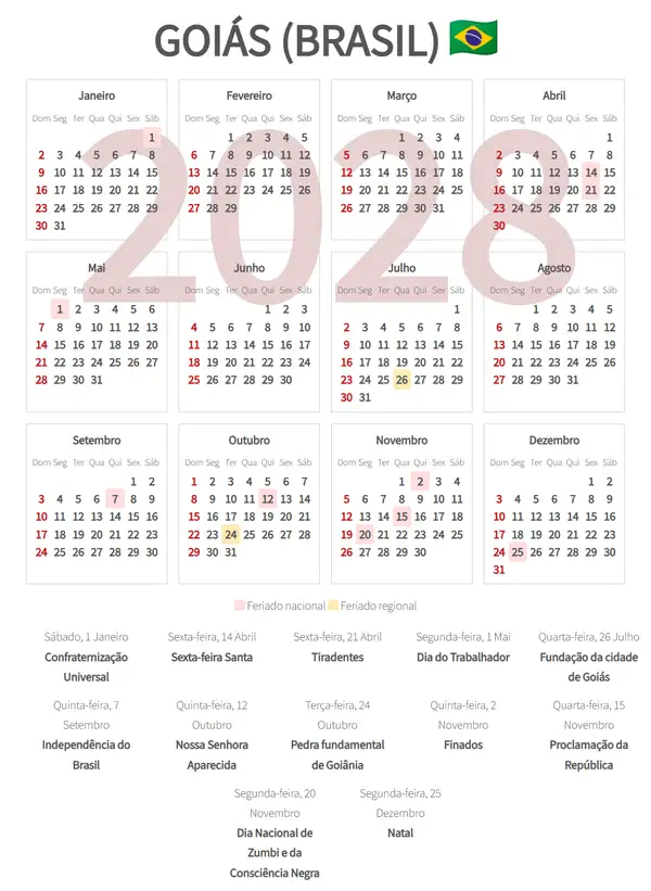 Calendário Laboral 2028, Goiás (Brasil)