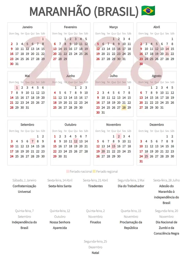 Calendário Laboral 2028, Maranhão (Brasil)